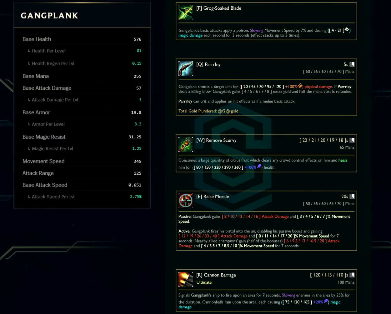 Gangplank base stats and abilities card from the League Classic reveal