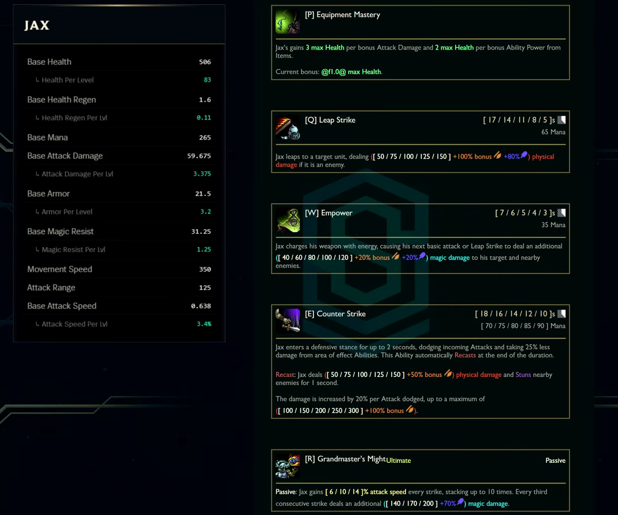 Jax base stats and abilities card from the League Classic reveal