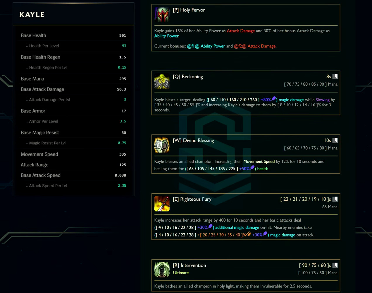 Kayle base stats and abilities card from the League Classic reveal