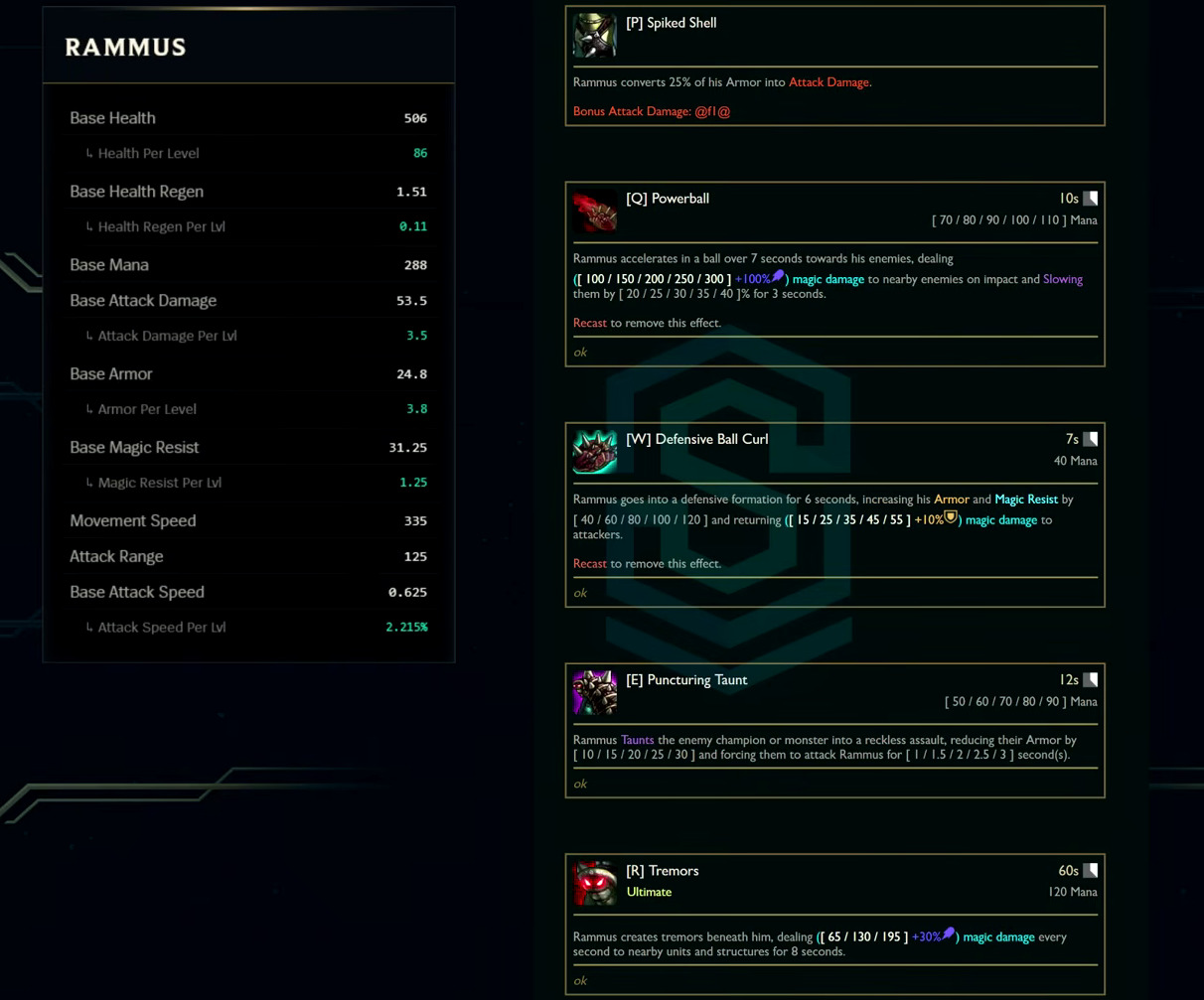 Rammus base stats and abilities card from the League Classic reveal