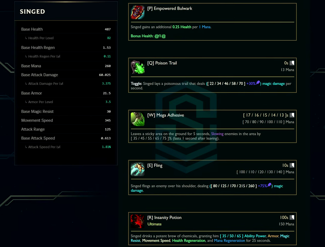 Singed base stats and abilities card from the League Classic reveal