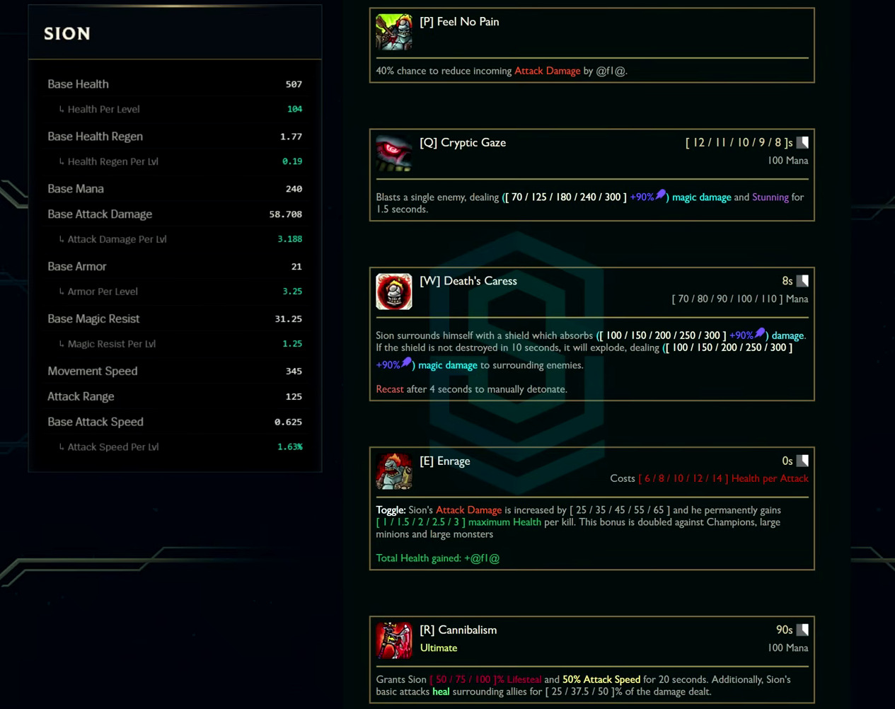 Sion base stats and abilities card from the League Classic reveal