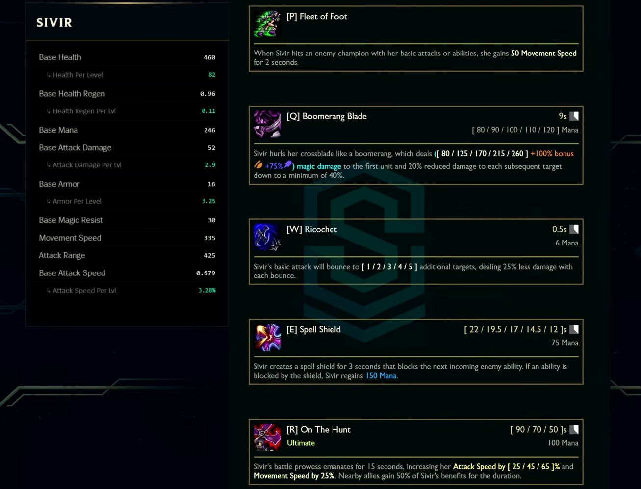 Sivir base stats and abilities card from the League Classic reveal