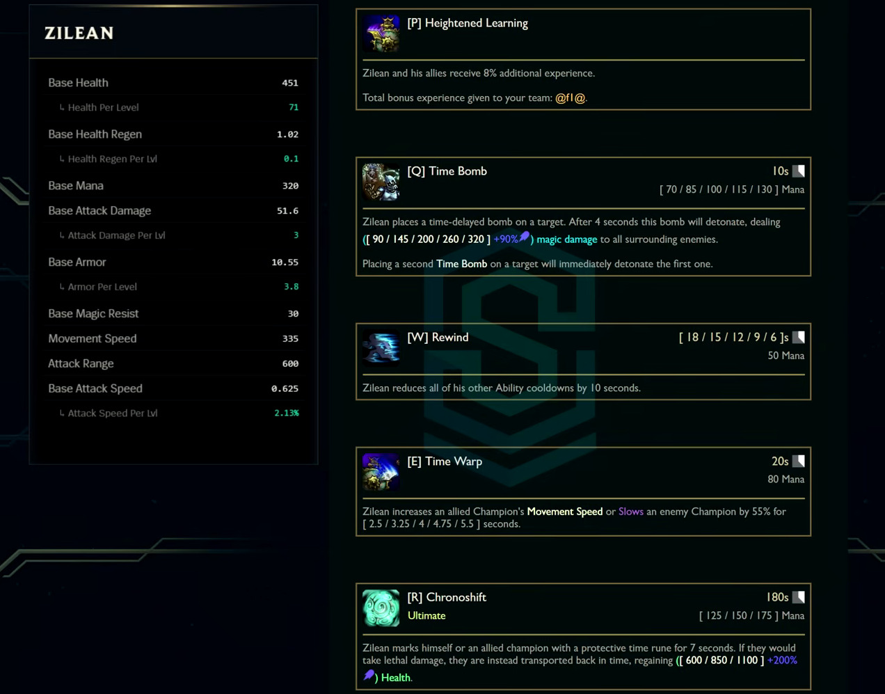 Zilean base stats and abilities card from the League Classic reveal